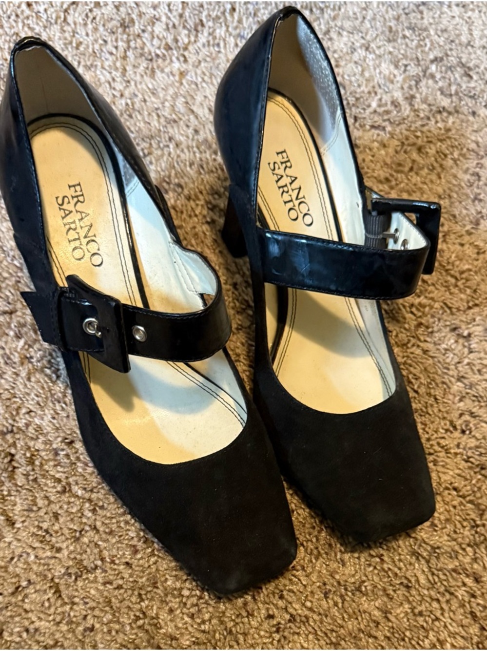 Franco Sarto Black Mary Jane Suede & Patent Heels